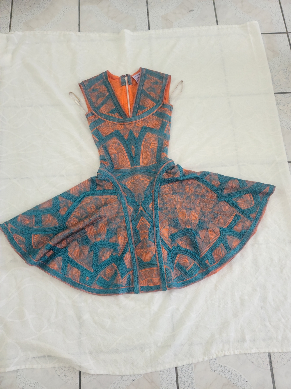 Herve Leger Teal and Orange Geometric Fit-and-Flare Mini Dress